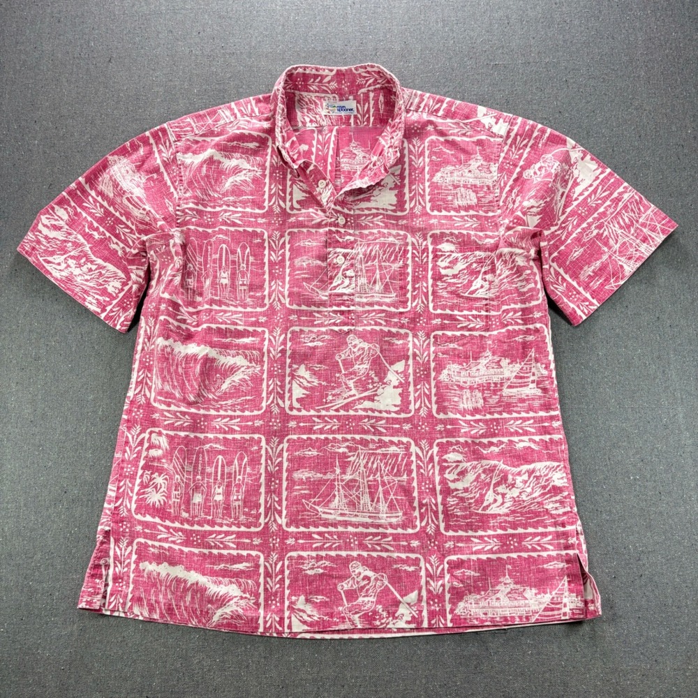 Vintage 80s Reyn Spooner Pink Popover Hawaiian Shirt Mens L Reverse Print Surf